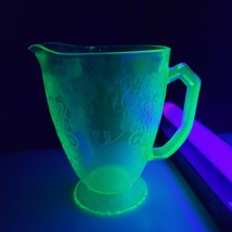 Hazel Atlas Uranium Glow Glass Florentine Poppy Green Footed Water Pitch... - $39.59