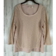 Chicos Lace Overlay Top Size 1 Medium 3/4 Sleeve Scoop Neck Blush Pink - £19.33 GBP