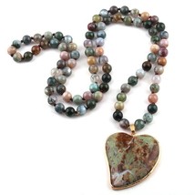 Natural Agate Stone Jewelry Heart Pendant Long Rope Knot Beads Women Necklace - £9.78 GBP