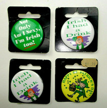 Vtg St Patrick&#39;s Day Pin back Buttons Lot of 4 Leprechaun Irish Drink - £3.89 GBP