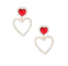 Red Crystal Halo Clear Rhinestone Stud Heart Cutout Gold Plated Drop Earrings - £28.20 GBP
