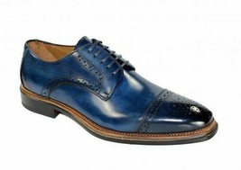 Men&#39;s Handmade Pure Leather Blue Patina Derby Toe Cap Dress Shoes,  - £135.59 GBP