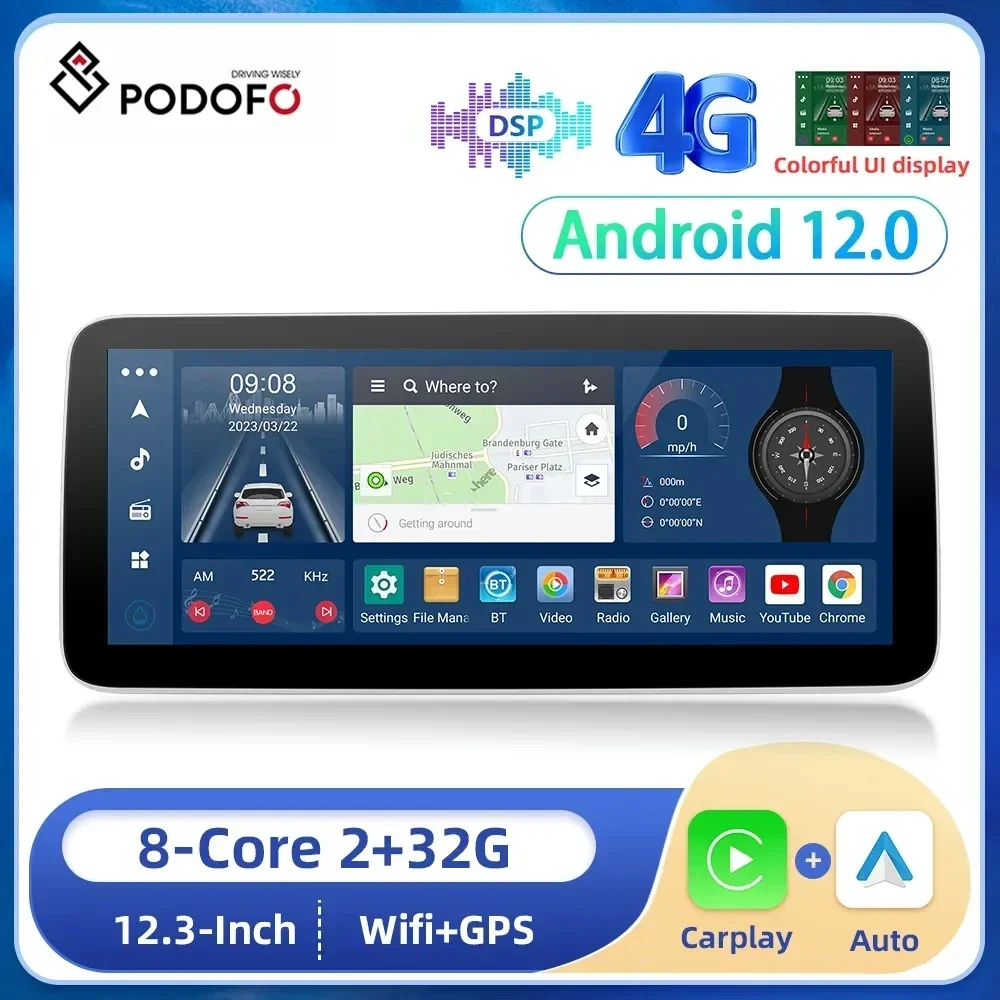 Podofo 12.3inch 8Core Android 12 2+32G Car Radio Stereo Android all-in-one - £237.65 GBP+