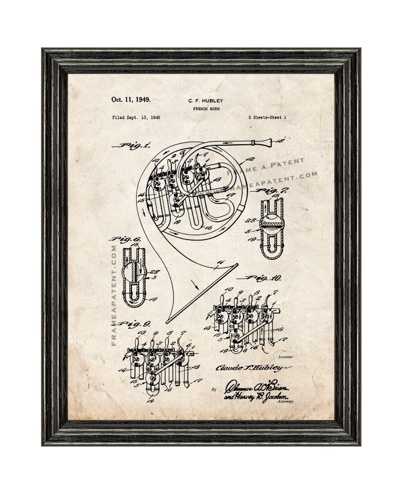 French Horn Patent Print Old Look with Black Wood Frame