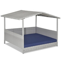 Wicker Dog House with Waterproof Roof and Washable Cushion Cover-Navy - Color: N - $151.99