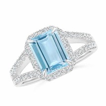 ANGARA Emerald-Cut Aquamarine Split Shank Halo Ring for Women in 14K Solid Gold - £2,014.70 GBP