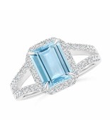 ANGARA Emerald-Cut Aquamarine Split Shank Halo Ring for Women in 14K Sol... - £2,029.68 GBP