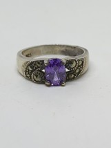 Sterling Silver 925 Amethyst Marcasite Ring Size 6 - $22.00