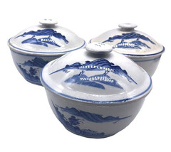 Lot 3 Matching Antique Japanese Blue &amp; White Pottery Covered Rice Bowls  - £44.38 GBP