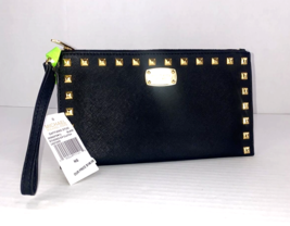 New Michael Kors Large Wristlet Saffiano Stud Black Leather Clutch Gold Zip B20 - $94.04