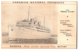 Canadian National Steamships TSS Prince David Miami to Nassau Florida Postcard - £7.55 GBP