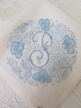 Vintage Madeira Embroidery Fine Linen Handkerchief Initial P White Blue Applique - £27.48 GBP