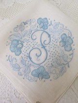 Vintage Madeira Embroidery Fine Linen Handkerchief Initial P White Blue Applique - £27.32 GBP