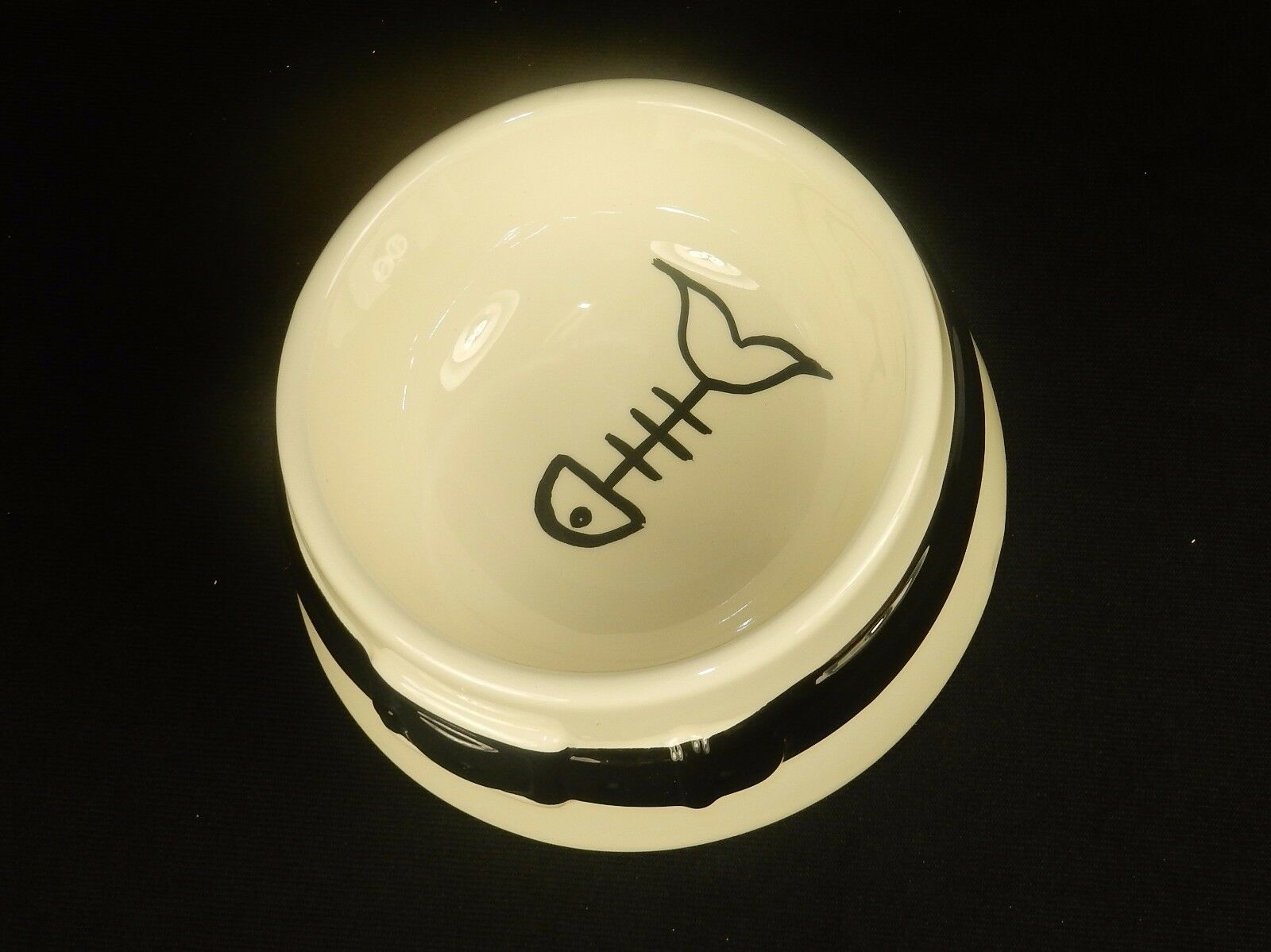 6&quot; Ceramic Cat Food/Water Bowl,  White w/Black Highlight, Hand Painted D... - $12.69