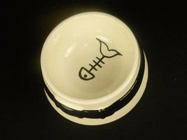 6&quot; Ceramic Cat Food/Water Bowl,  White w/Black Highlight, Hand Painted D... - $12.69