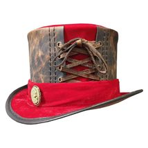 Steampunk Red Velvet Band Leather Top Hat - £261.38 GBP