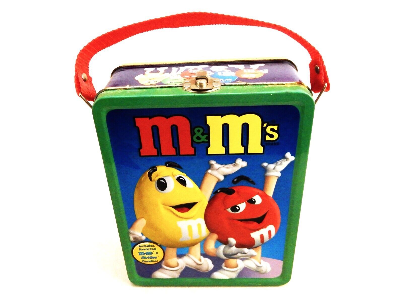 M&amp;Ms Metal Lunch Box, Red Webbing Handle, w/History of Characters, Vinta... - $14.65