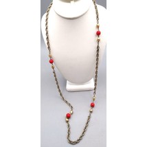 Prince of Wales Chain Vintage Station Necklace, Gold Tone with Bright Red Glass - £25.30 GBP