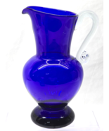 Contemporary Studio Art Glass Cobalt Blue Pitcher With Applied Handle - ... - $41.24
