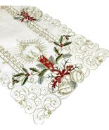 Holiday Holly Leaf Table Runner Red Embroidered Cut Work Topper Linen Decoration - $29.95