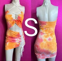 Sexy Orange &amp; Pink Tie Dye Fashion Halter Mini Bodycon Dress~Size S - £26.90 GBP