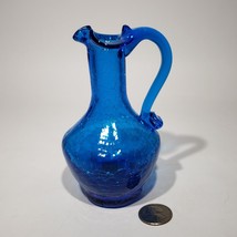 Hand Blown 5.25&quot; Blue Crackle Glass Mini Pitcher Vase Applied Handle - £14.81 GBP