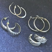 Lot of 4 Medium Etched Smooth Faux Marcasite Silvertone HOOP Earrings for Pierce - £10.92 GBP