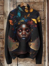 Women&#39;s Black Woman with Afro Hairstyle Butterfly Black Art Print Knit S... - $32.00
