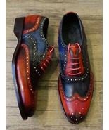 Handmade Men&#39;s Leather Patina Red and Black Wingtip Oxfords Custom Shoes... - £180.68 GBP