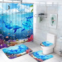 4Pcs Kids Dolphin Shower Curtain Set With Non-Slip Rugs, Toilet Lid Cover And Ba - £32.73 GBP