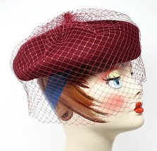 Burgundy Wool Felt Beret w Veil Netting Church Party Retro Style Hat - H... - £20.44 GBP
