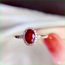 14k Rose Gold Plated 2.20 Ct Oval Cut Simulated Red Ruby Engagement Halo Ring - £55.38 GBP