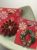 Estate Lot of Sparkly Red Enamel Poinsettia &amp; Green w Faux Marcasite Christmas  - £8.91 GBP