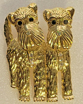 Terrier Dogs Fashion Brooch Pin Gold-Tone &amp; Crystals Small 2&quot; Moving Heads - £23.83 GBP
