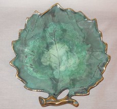 Metal Leaf Plate Change Key Tray Decorative Green Gold Tone  Italy 11&quot; 6... - $46.89