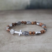 Handmade Olive Wood Beads Bracelet, Icons of Jerusalem Cross and St. Mary - £19.60 GBP