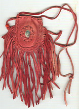Small Handcrafted Red Colored Leather Whatever Bag with Shell cabochon &amp; fringe - £32.17 GBP