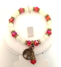 Women&#39;s Stretch Beaded Charm Bracelet Ruby Red White Beads Tree of Life Charm - £4.35 GBP