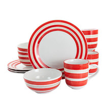 Gibson Home Sunset Stripes 12 pc Round Fine Ceramic Dinnerware Set in Red - £51.44 GBP