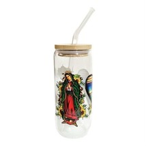 Virgen De Guadalupe Clear Glass Tumbler Cup 20 oz Bamboo Lid With Glass Straw - £17.49 GBP