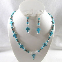 Turquoise Cross Necklace Earrings Set Crystal 20&quot; Pierced Handmade Southwestern - £49.84 GBP