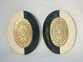 Designer Inspired Oval Two Tone Pierced Earrings w Gold Tone Medallion Center c - £7.81 GBP