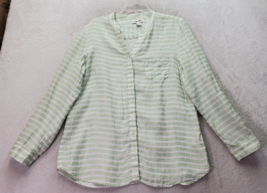 Coldwater Creek Shirt Women&#39;s Large Green Striped 100% Linen V Neck Button Front - £14.82 GBP