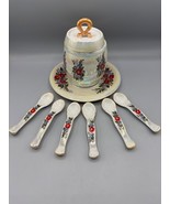 Vtg Honey Jar w 6 Spoons Lustreware Iridescent Floral Ceramic - $781.93 MXN