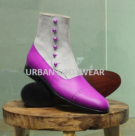 New Mens Handmade Stylish Formal Boot, White Suede & Purple Leather Casual Wear