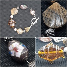 Sterling Silver Beads,Glass Fish Seaside Beach Theme, Cloissone, Stone, Bracelet - £24.20 GBP