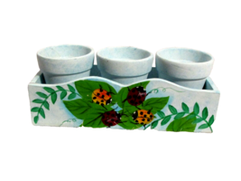 6 ttl: 3 sm FLOWER POTS, 1 PAIL, 1 PITCHER, 1 box, all blue w/bugs leave... - $8.50