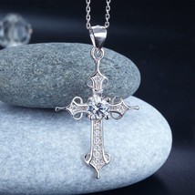 Art Deco Religious Faith Cross Pendant Round Cut Created Diamond Necklace Silver - £70.82 GBP