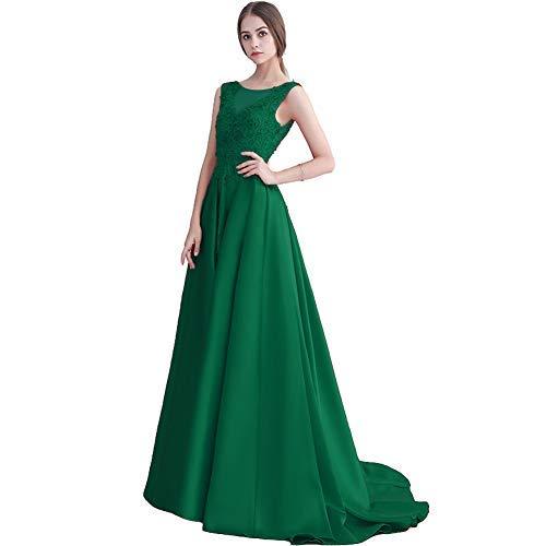 Custom Made Sheer Bateau Beaded Lace Satin A Line Long Prom Evening Dress Green