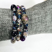 Purple Amethyst 3 Strand Crystal Etched Bead Bracelet Frost Mermaid Silver Tone - £19.97 GBP